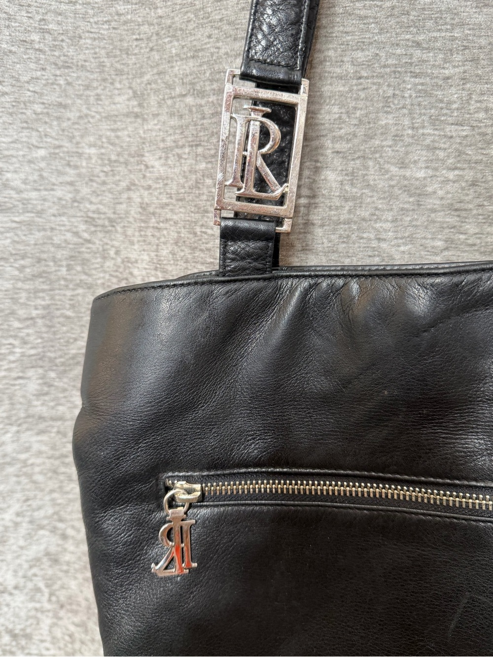 Ralph Lauren Black Leather Shoulder Tote with Silver RL Hardware